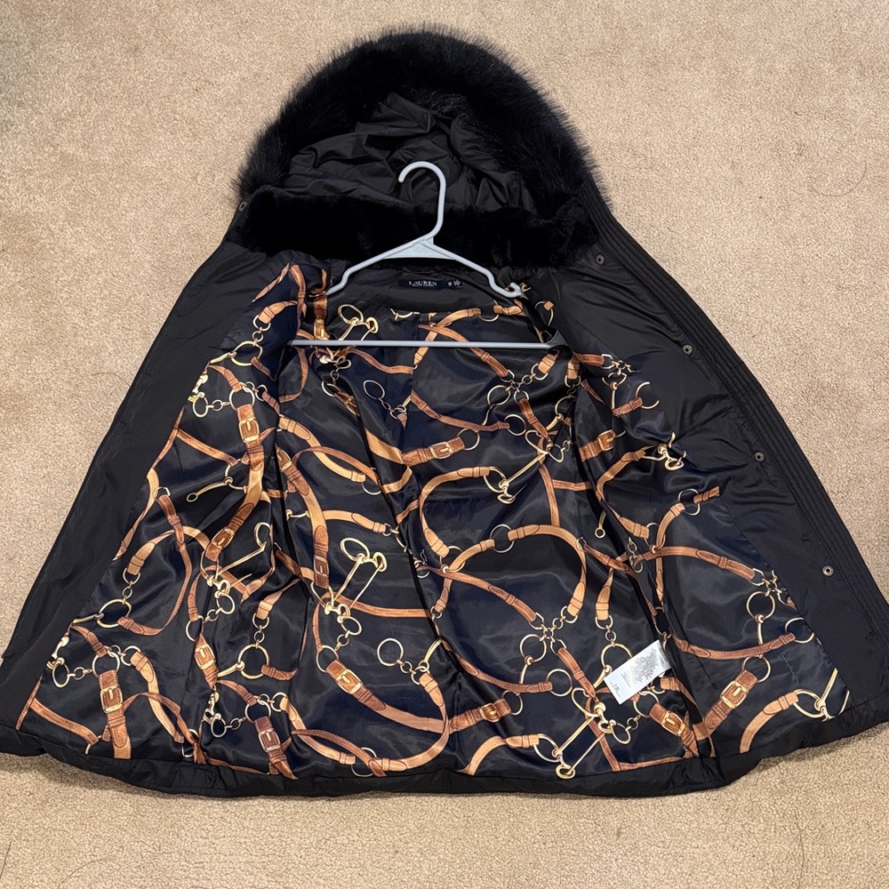 Ralph Lauren Black Puffer Coat with Faux Fur Hood - Picture 2 of 4